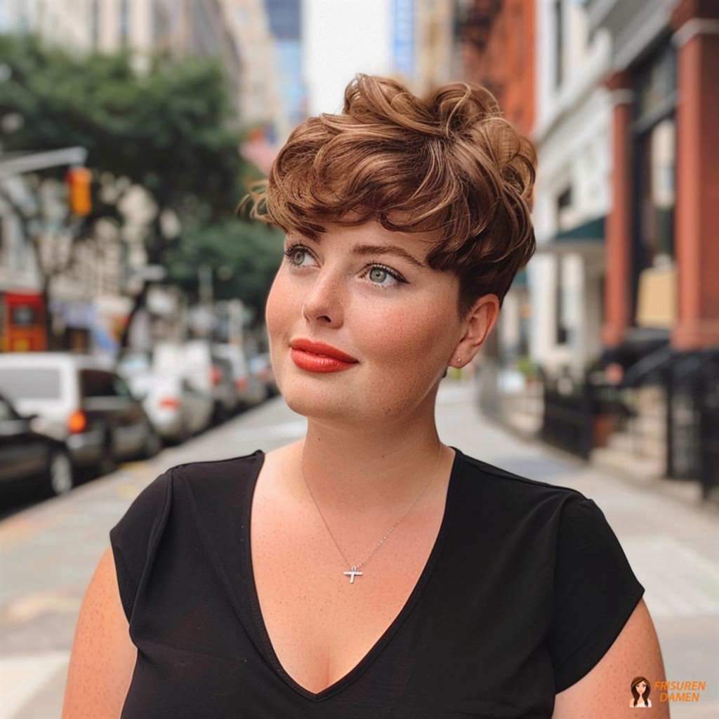 Moderner Pixie-Cut mit Pony für mollige Frauen, Fokus auf Augen und frischer Look