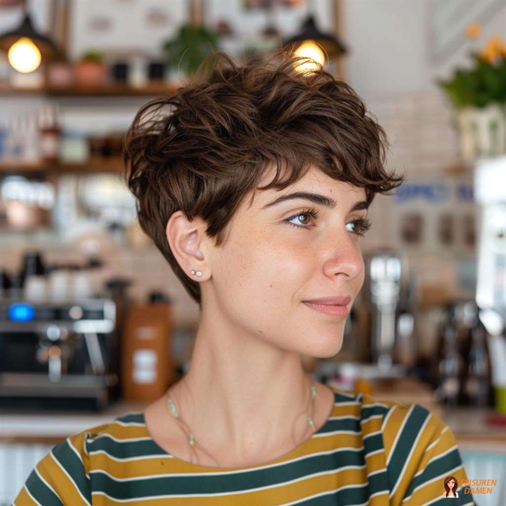 Braune Haarfarbe für Frauen im strukturierten Pixie mit moderner Kante und frischem Lifting-Effekt
