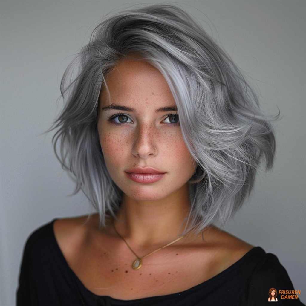 Moderner Twist bei grauer mittellanger Frisur