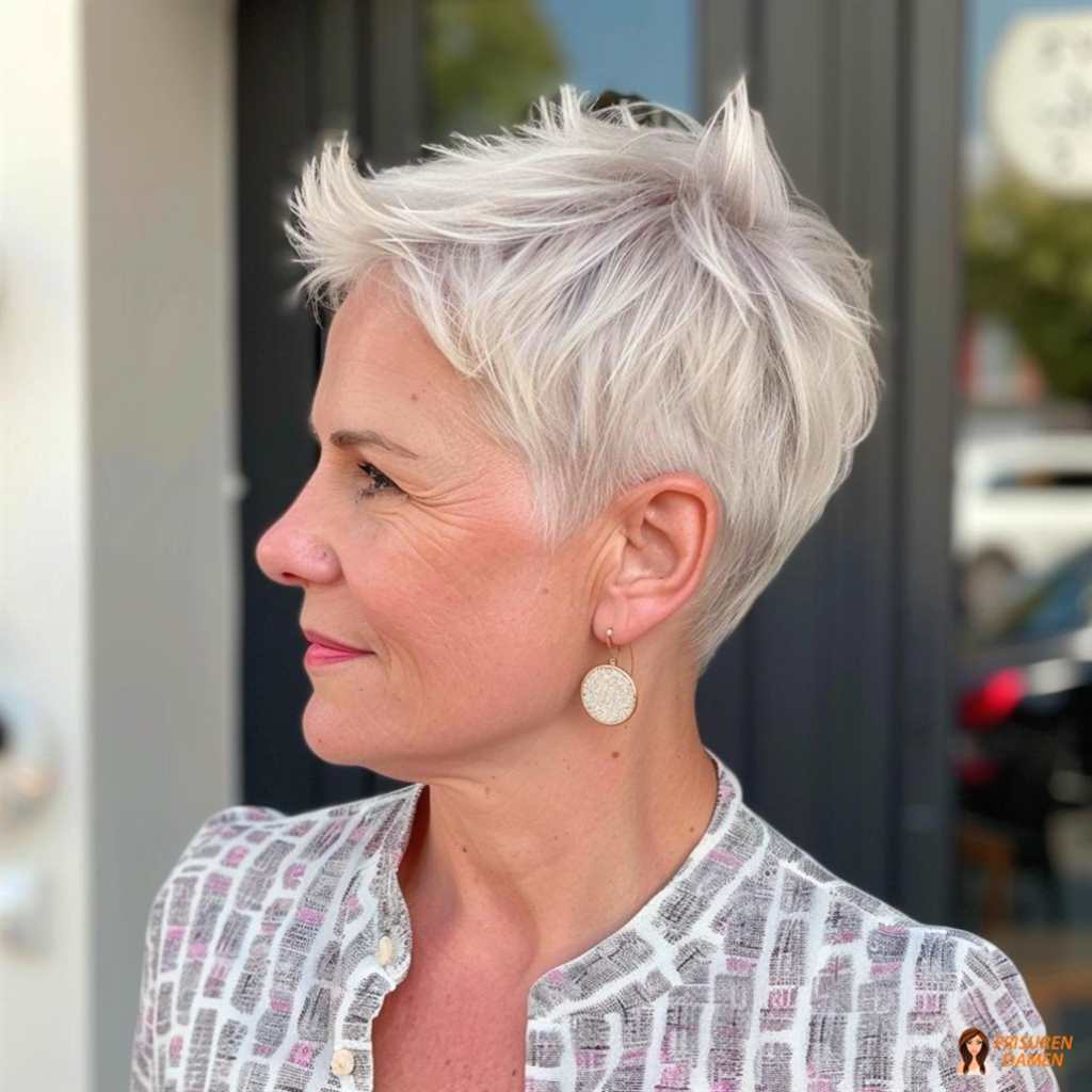 Moderner weißblonder Pixie Cut für ältere Frauen