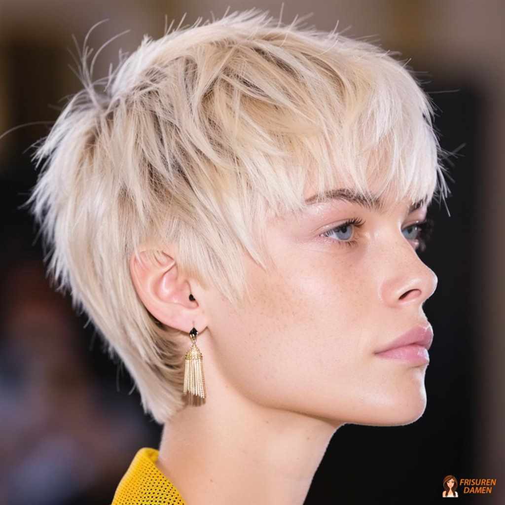 Modischer platinblonder Pixie für Damen mit längerem Oberkopf