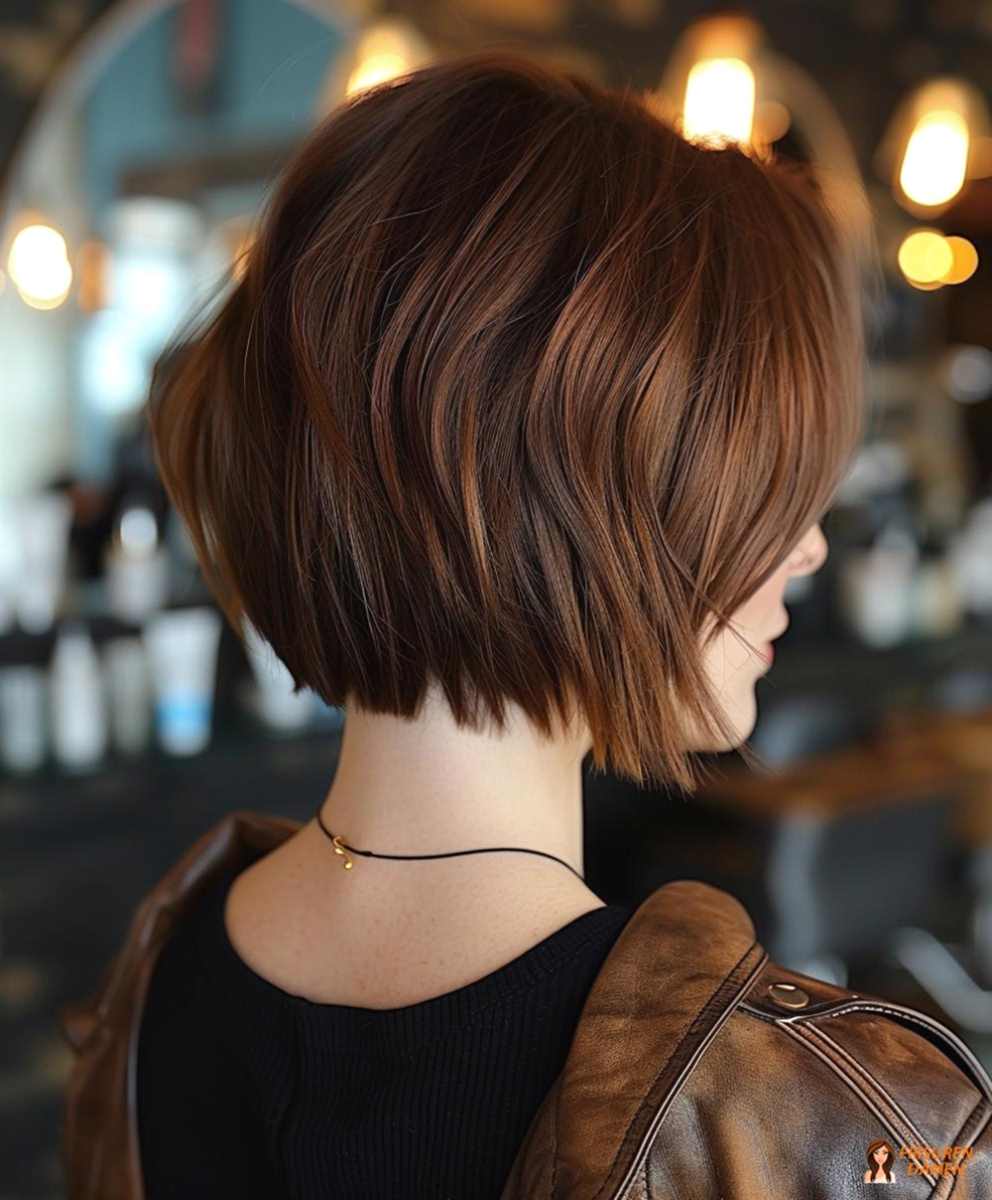 Geschichteter Bob für Frauen mit natürlicher Fallrichtung in der Rückenansicht