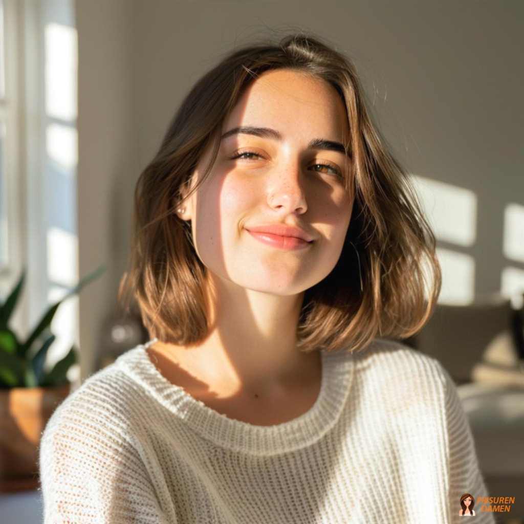 Natürliche braune Haarfarbe für Frauen im Bob mit weicher Form und professionellem Chic