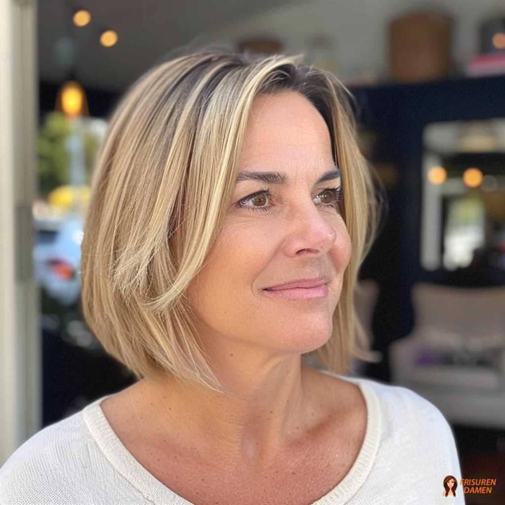 Natürlicher Bob für Frauen ab 50 mit feinem Haar, warmblonde Nuance und sanfter Glow-Effekt