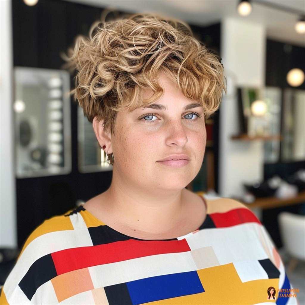 Natürlicher Curly Pixie für mollige Frauen, softes Volumen und schmeichelhafte Form