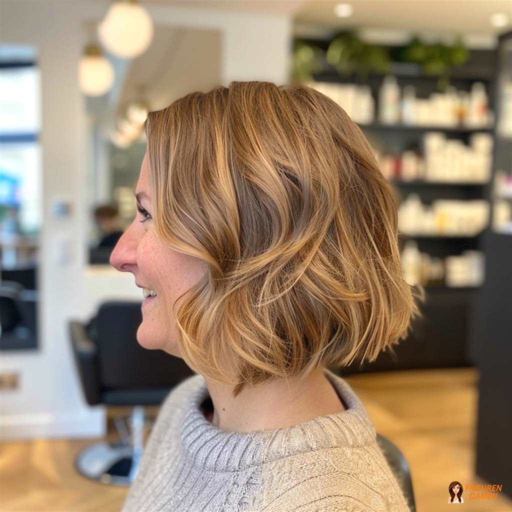 Braune Haarfarbe für Frauen im Wellen-Bob mit weicher Textur und lebendigem Finish