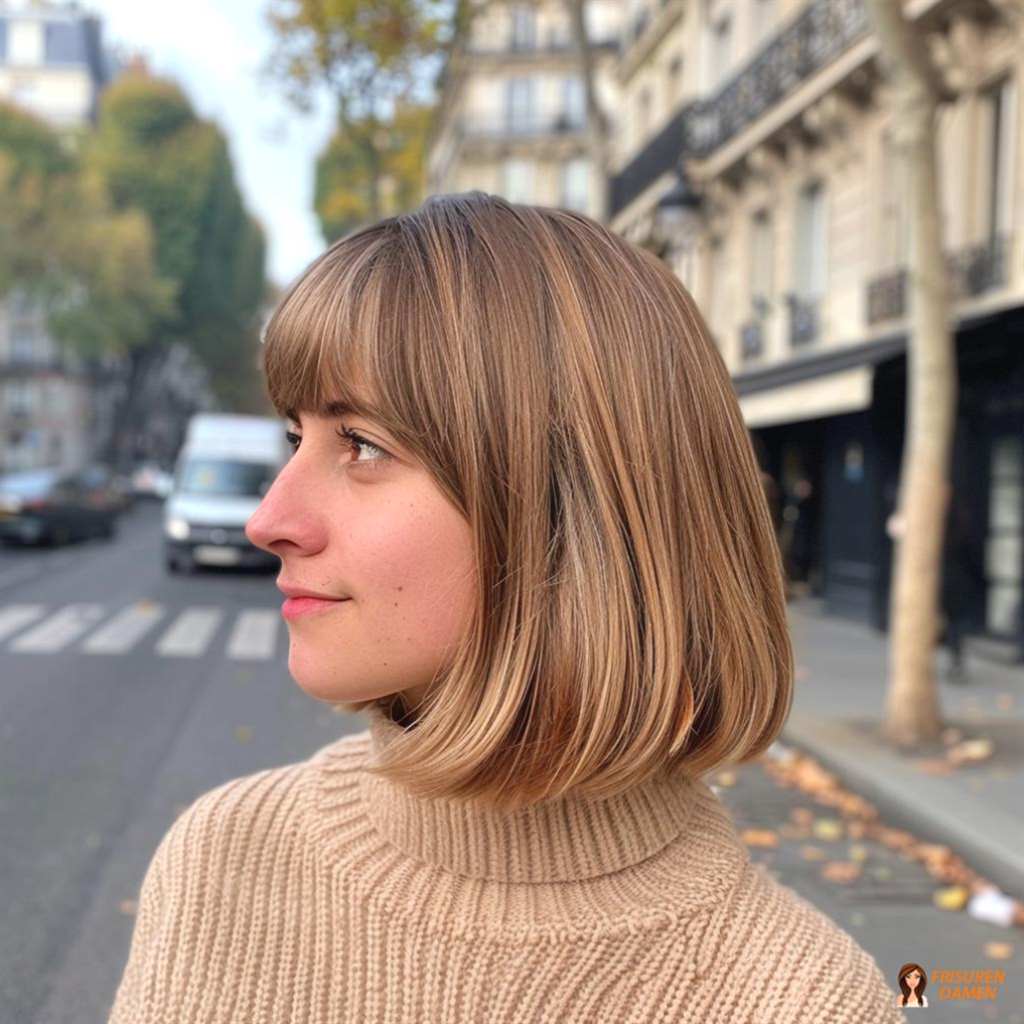 Braune Haarfarbe für Frauen im Pariser Chic mit Pony, weicher Kontur und stilvollem Ausdruck