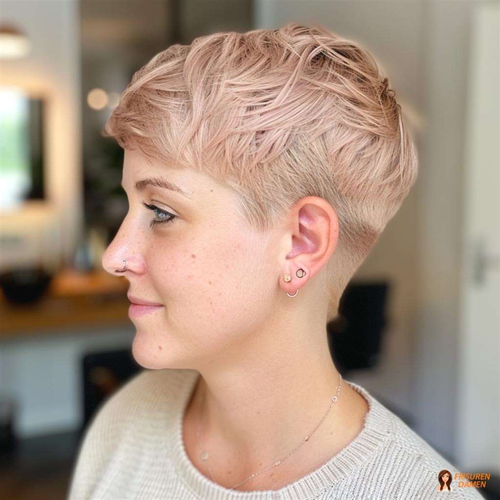 Pastellrosa Pixie Cut mit sanfter Ausstrahlung