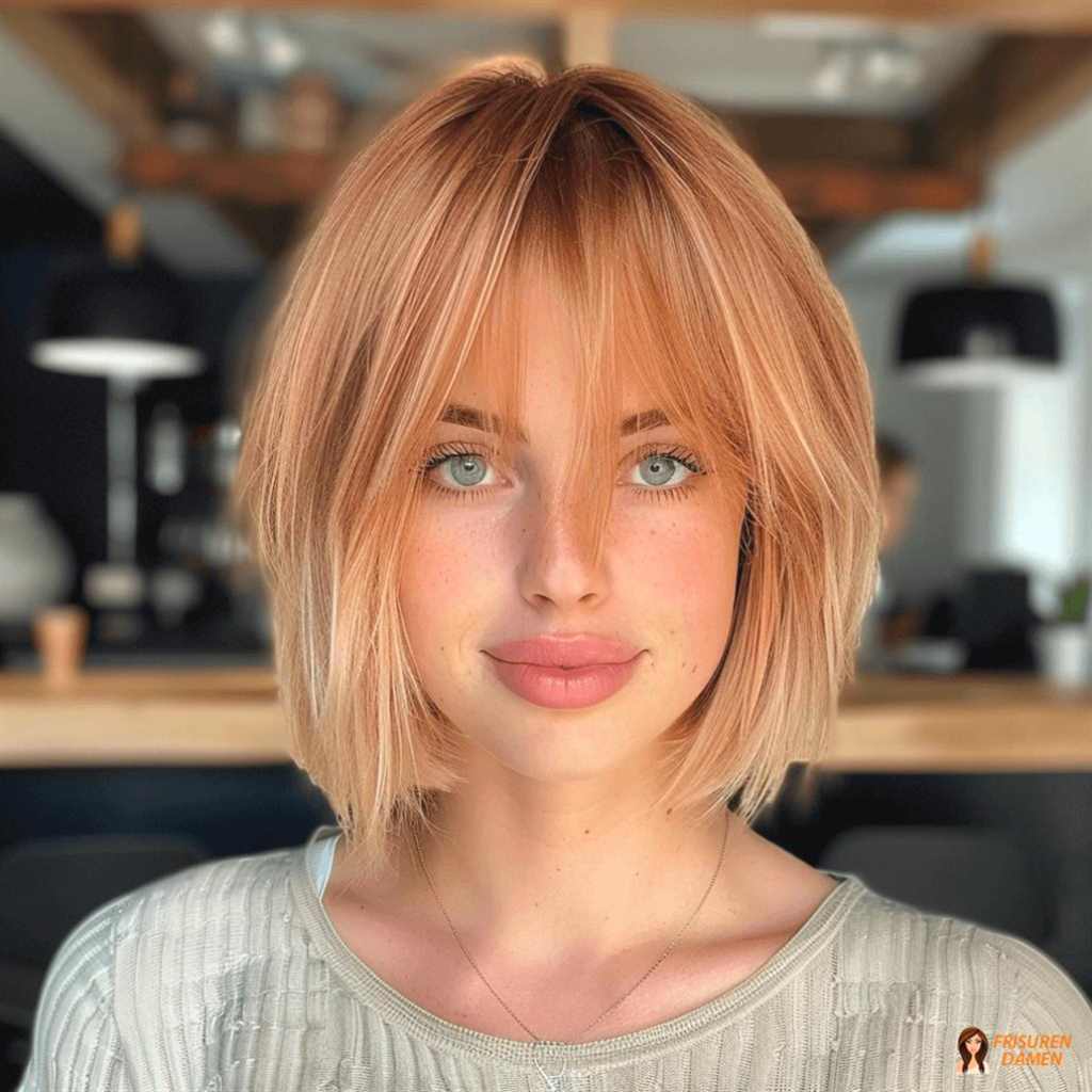 Pfirsichfarbener Bob mit Pony für Frauen mit zartem Stil