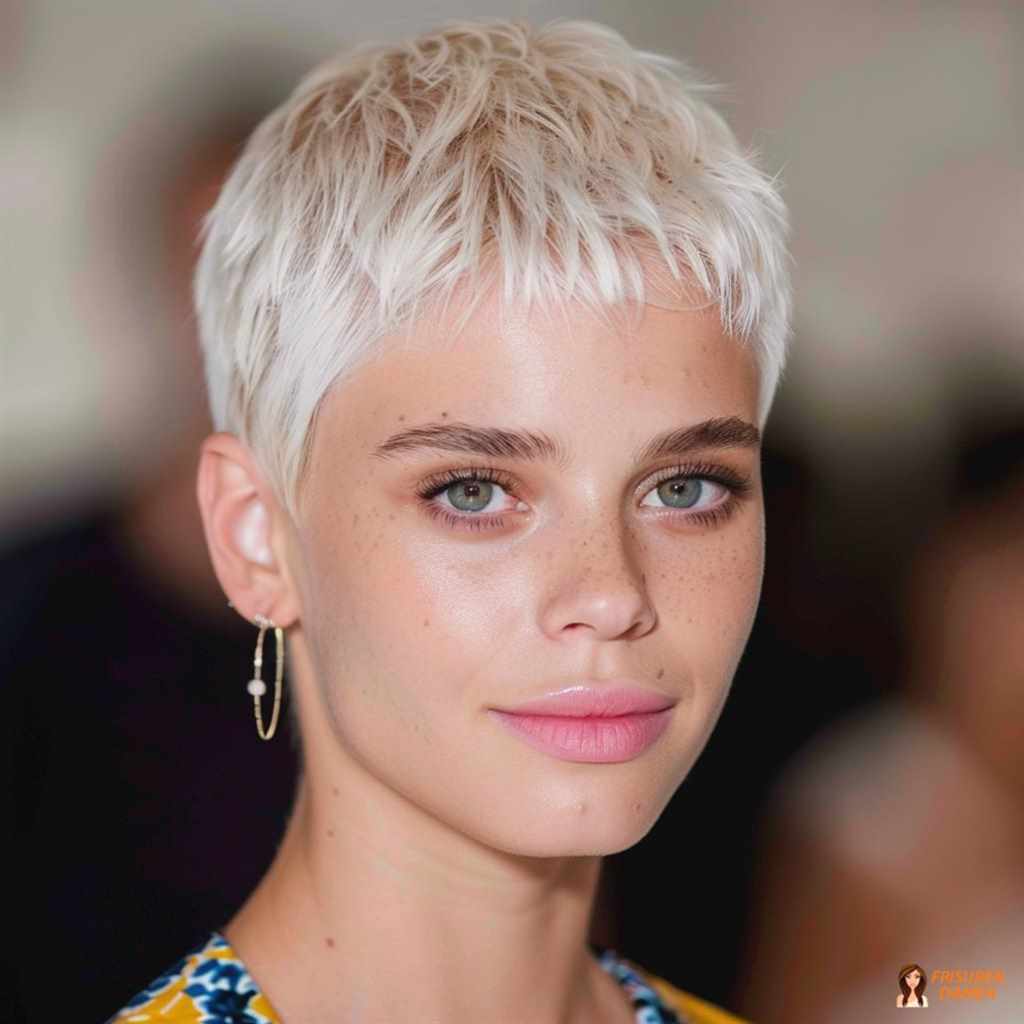 Pixie Cut für Damen mit platinblondem Glanz und edler Wirkung