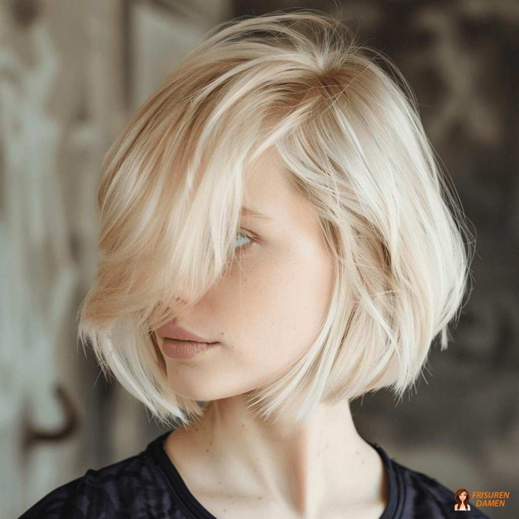Platinblonder Wuschel Bob mit Pony für Frauen mit feinem Haar