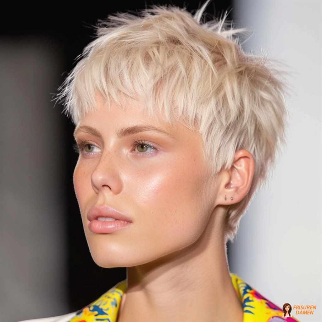 Platinblonder Kurzhaarschnitt mit klarer Form und weichem, gepflegtem Finish