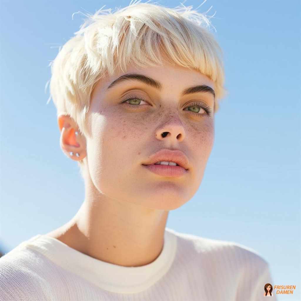 Platinblonder Pixie mit frechen Spitzen und klarer Kontur