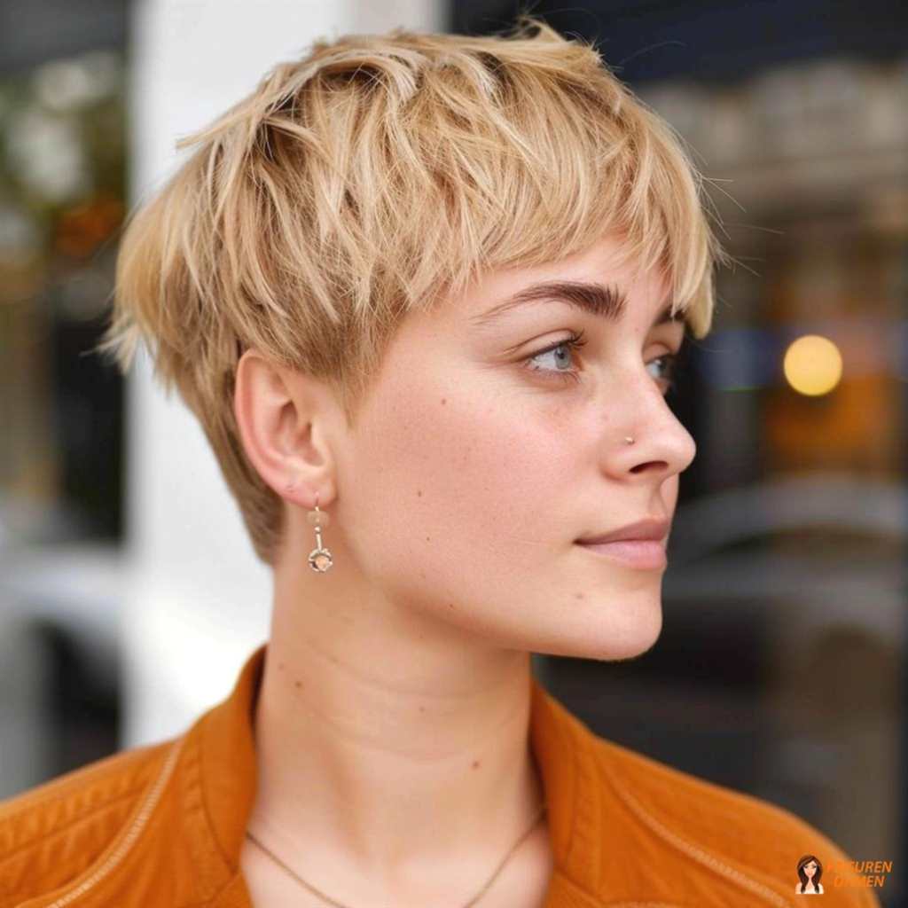 Platinblonder Kurzhaarschnitt mit Pony für Damen