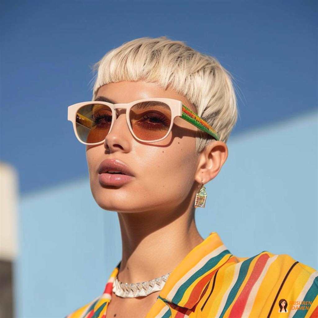 Platinblonder Pixie mit klassischer Form und weichem, gepflegtem Finish