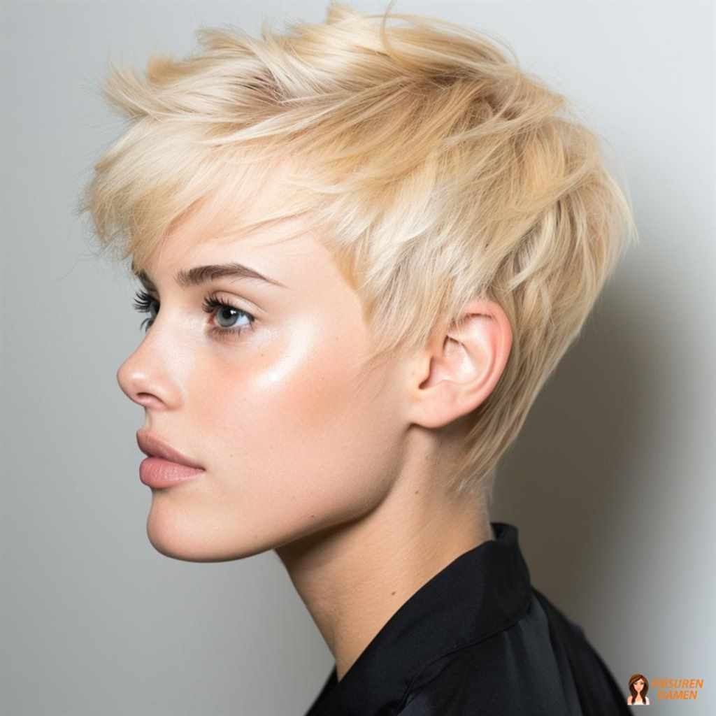 Platinblonder Pixie Cut mit weicherer Schnittwirkung