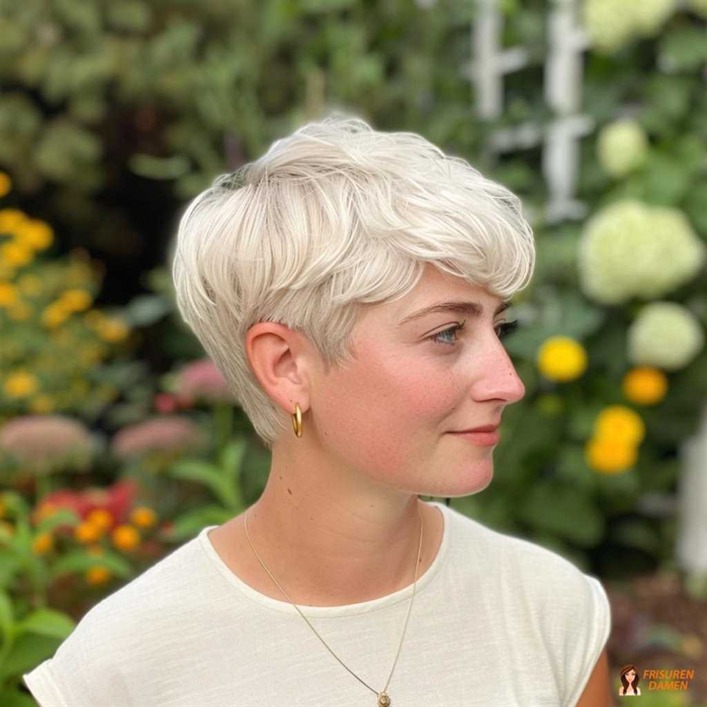 Platinblonder Pixie Cut mit klarer Form und sanfter Textur für einen eleganten Look