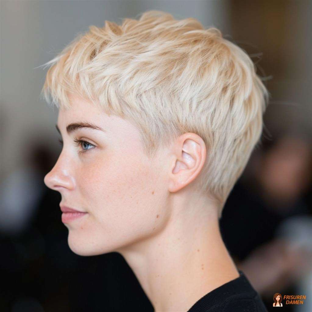Platinblonder Pixie Cut mit moderner Ausstrahlung