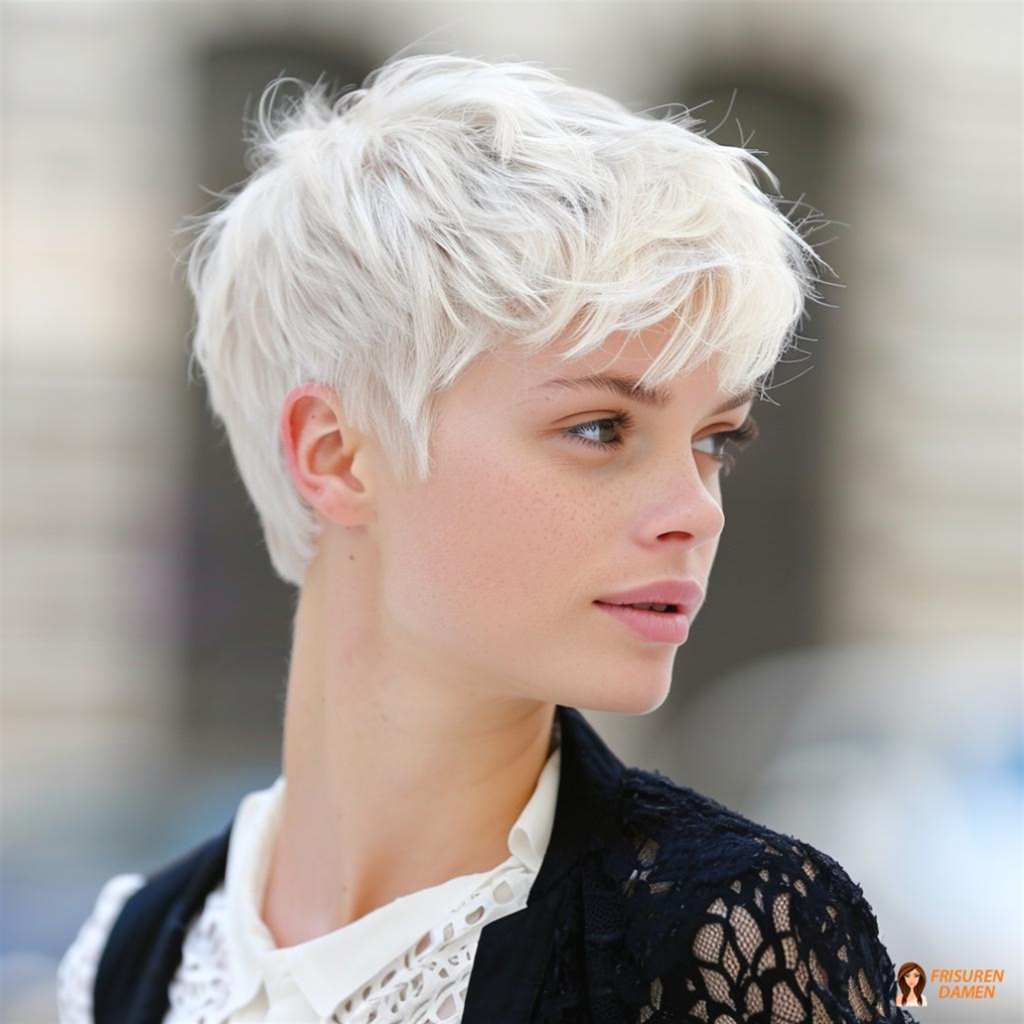Platinblonder Pixie Cut mit moderner Ausstrahlung