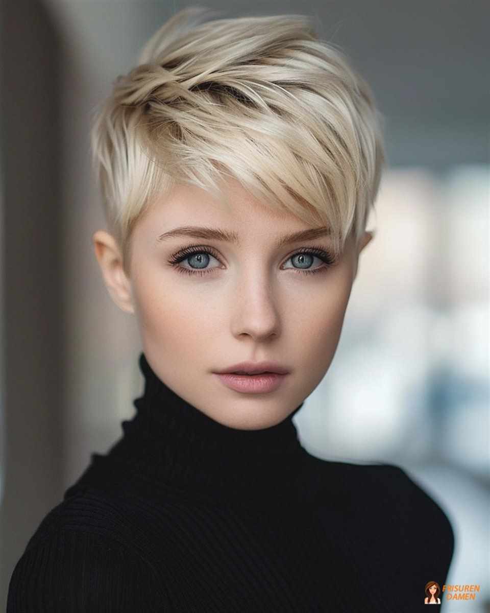 Platinblonder Pixie-Cut für Frauen mit klaren Linien und kühlem Glow