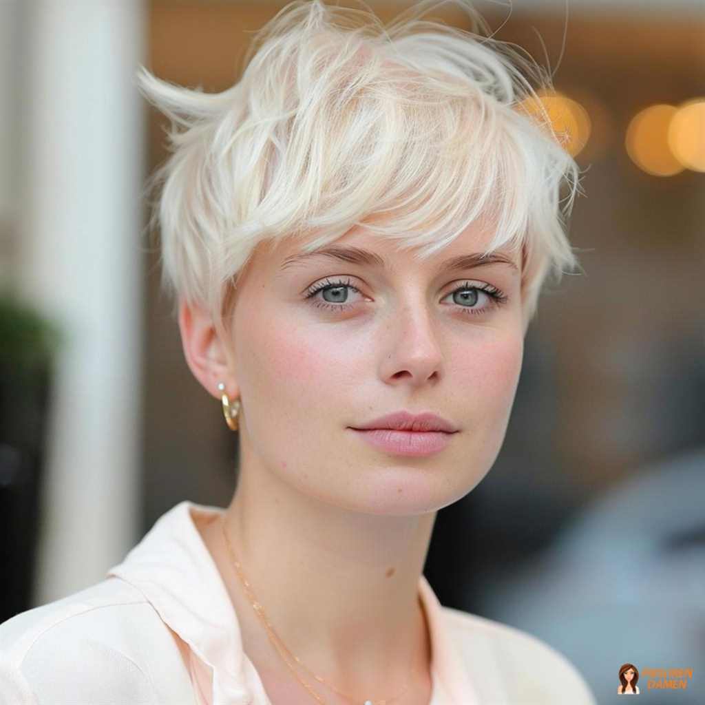 Platinblonder Pixie für Frauen mit fransiger Kontur, luftiger Struktur und modernem Finish