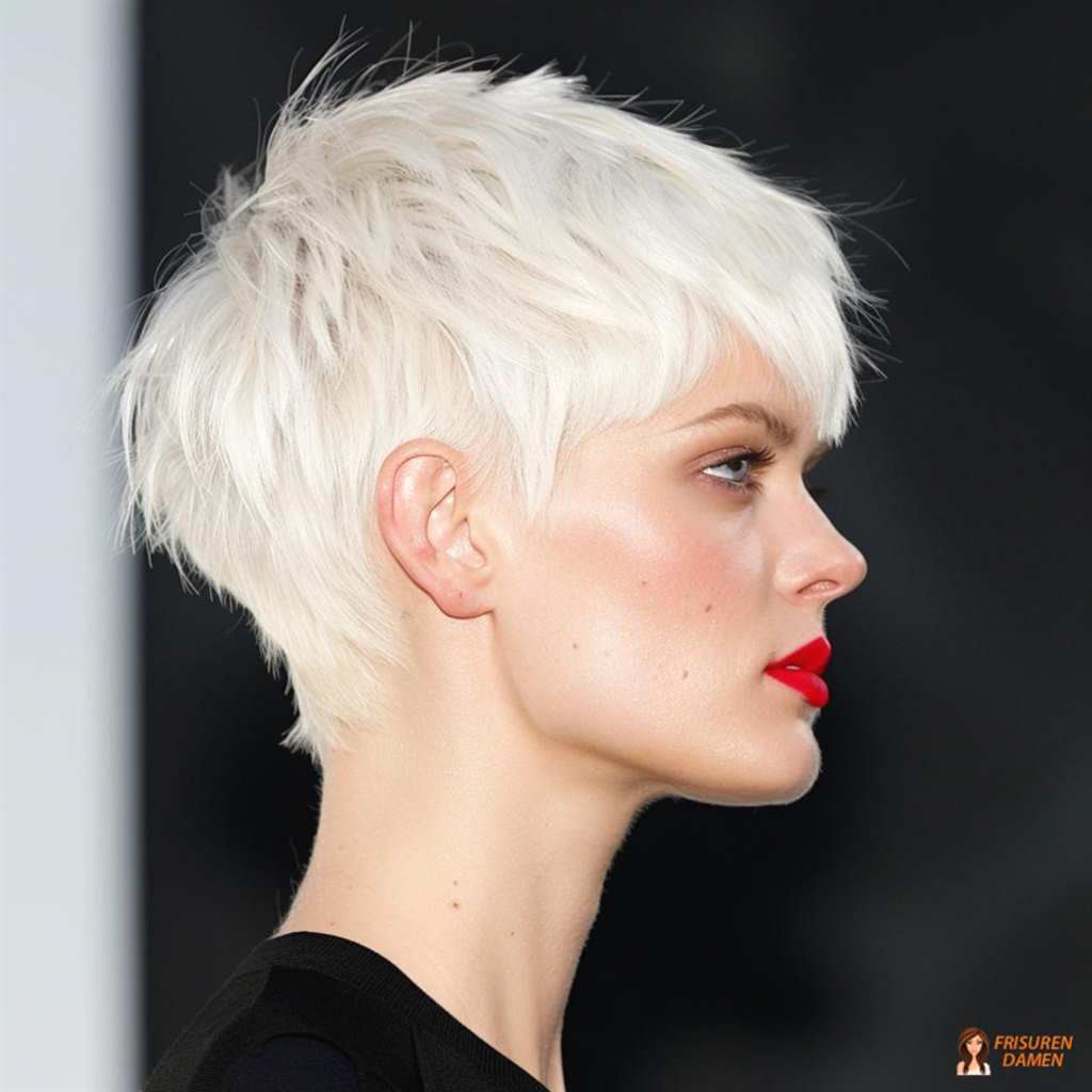 Platinblonder Kurzhaarschnitt für Damen mit strahlender, klarer Wirkung