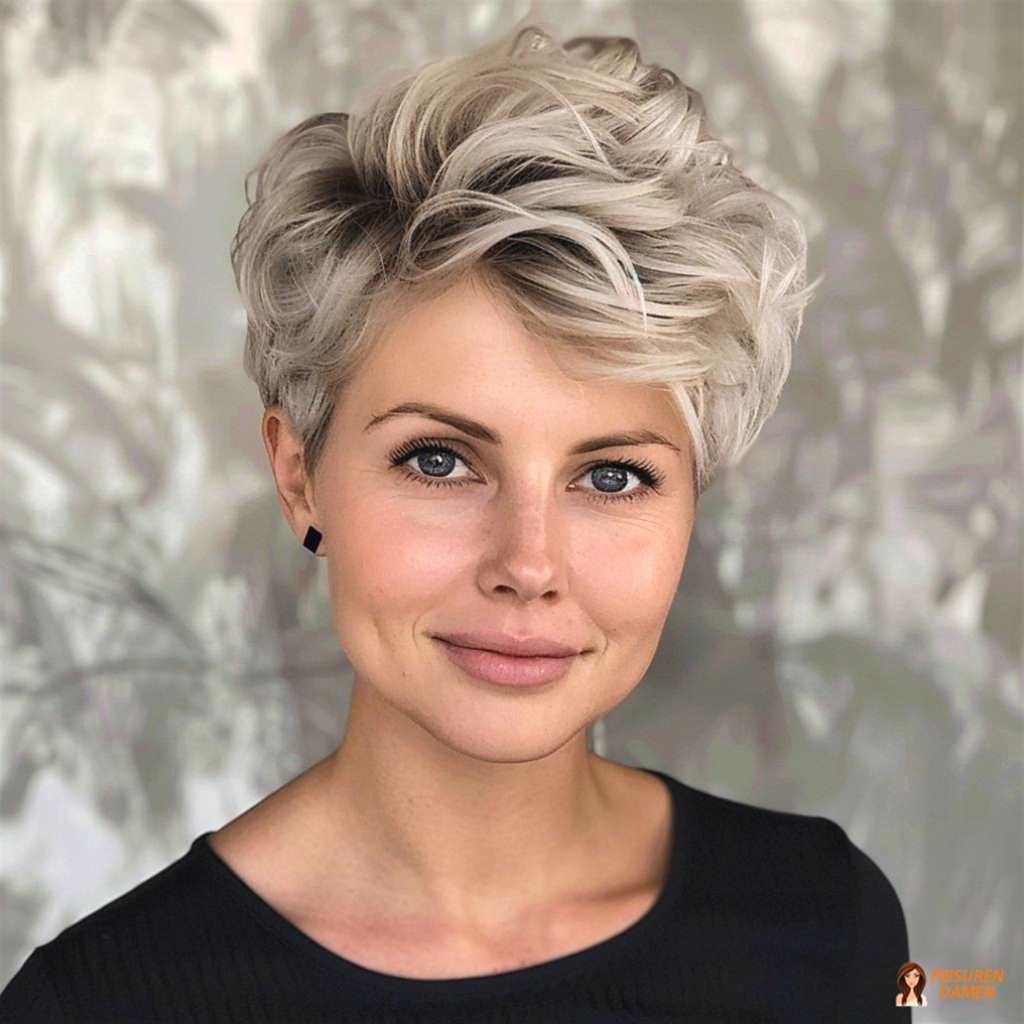 Platinblonder Kurzstyle für Frauen ab 60 ohne Brille mit dynamischer Textur