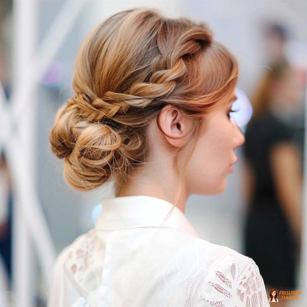Romantische Hochsteckfrisur mit Zopf für Frauen ab 30, feminin mit sanftem Effekt