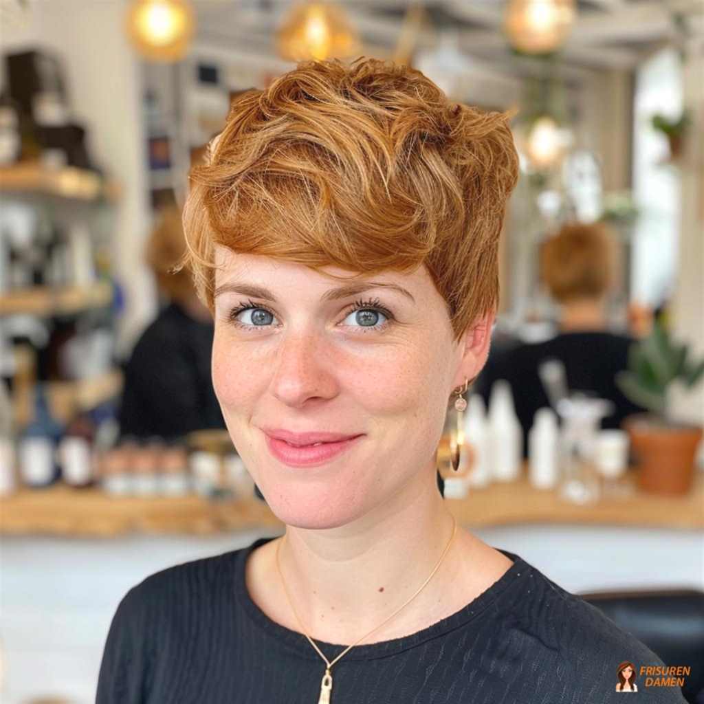 Roter Kurzhaarschnitt mit strukturierter Oberfläche und eleganter Ausstrahlung