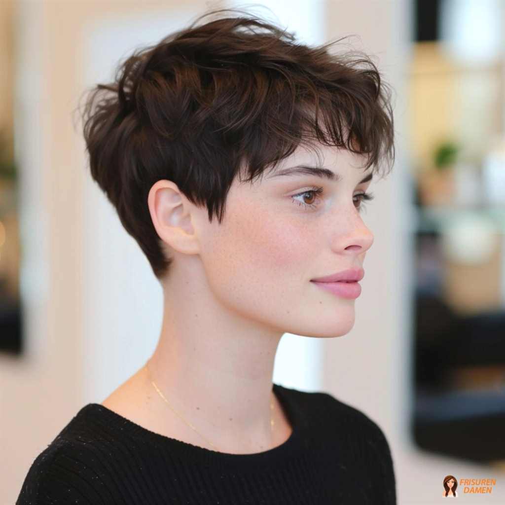 Kurzes Haar mit texturiertem Mini-Bun und weichen Fransen am Ansatz