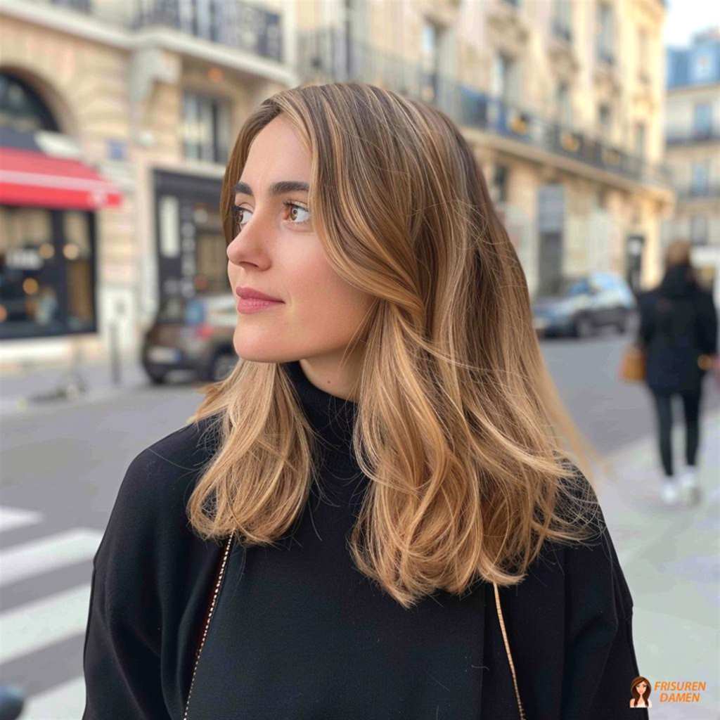 Braune Haarfarbe für Frauen im langen Bob mit Seitenscheitel und schickem, weichem Glow