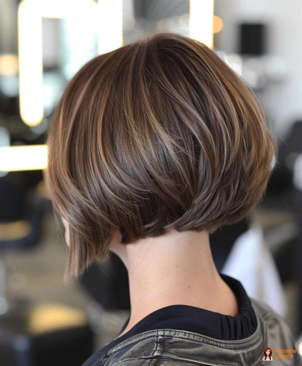 Schokoladiger Stufen-Bob für Frauen mit tiefer, moderner Rückenansicht