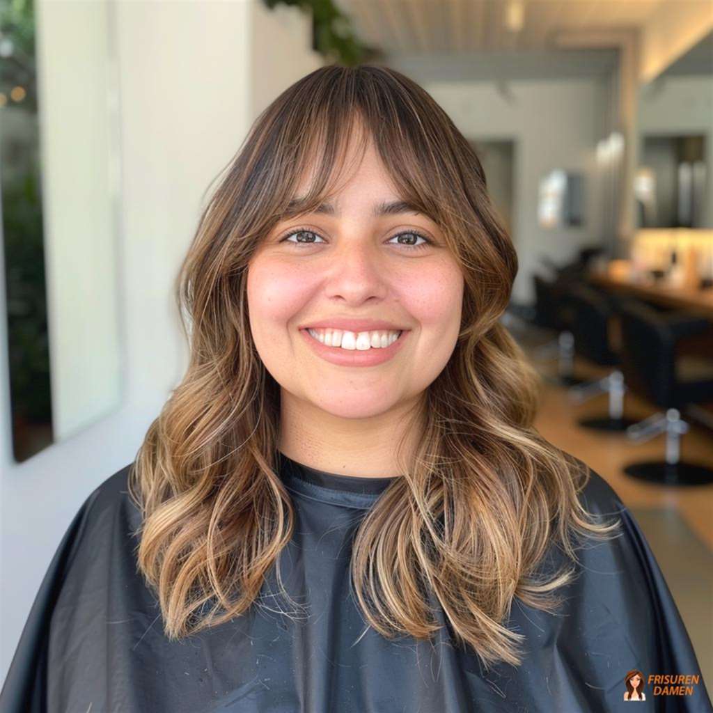 Schulterlange Wellen mit Fransen für mollige Frauen, weicher Rahmen und frischer Look