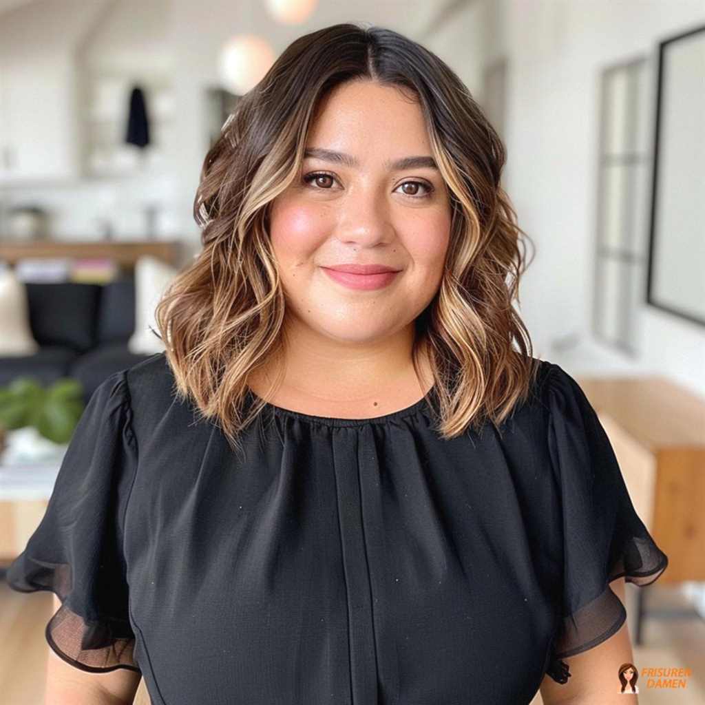 Schulterlanger Wellenbob mit Mittelscheitel für mollige Frauen, Wellen ab Kinnhöhe