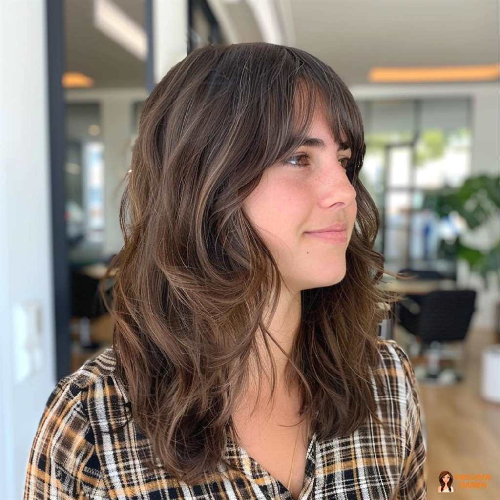 Braune Haarfarbe für Frauen mit schulterlangem Haar, Pony und unkompliziertem Chic