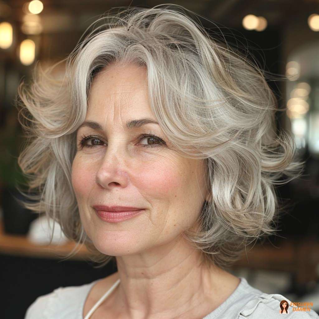 Silberne Lockenfrisur für Frauen ab 60 ohne Brille mit weicher Bewegung