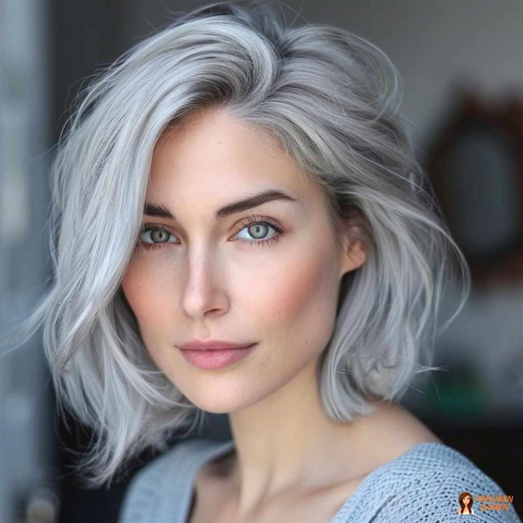 Verspielte silbergraue Frisur mittellang für Frauen