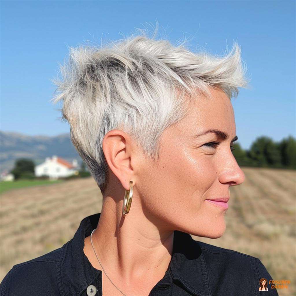 Silberner Kurzhaarschnitt für Damen, Stufenschnitt mit edlem Finish