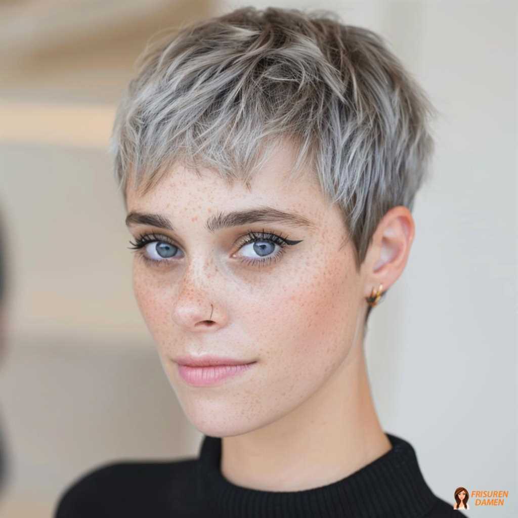 Silberner Pixie-Cut für Damen mit eleganter, moderner Ausstrahlung