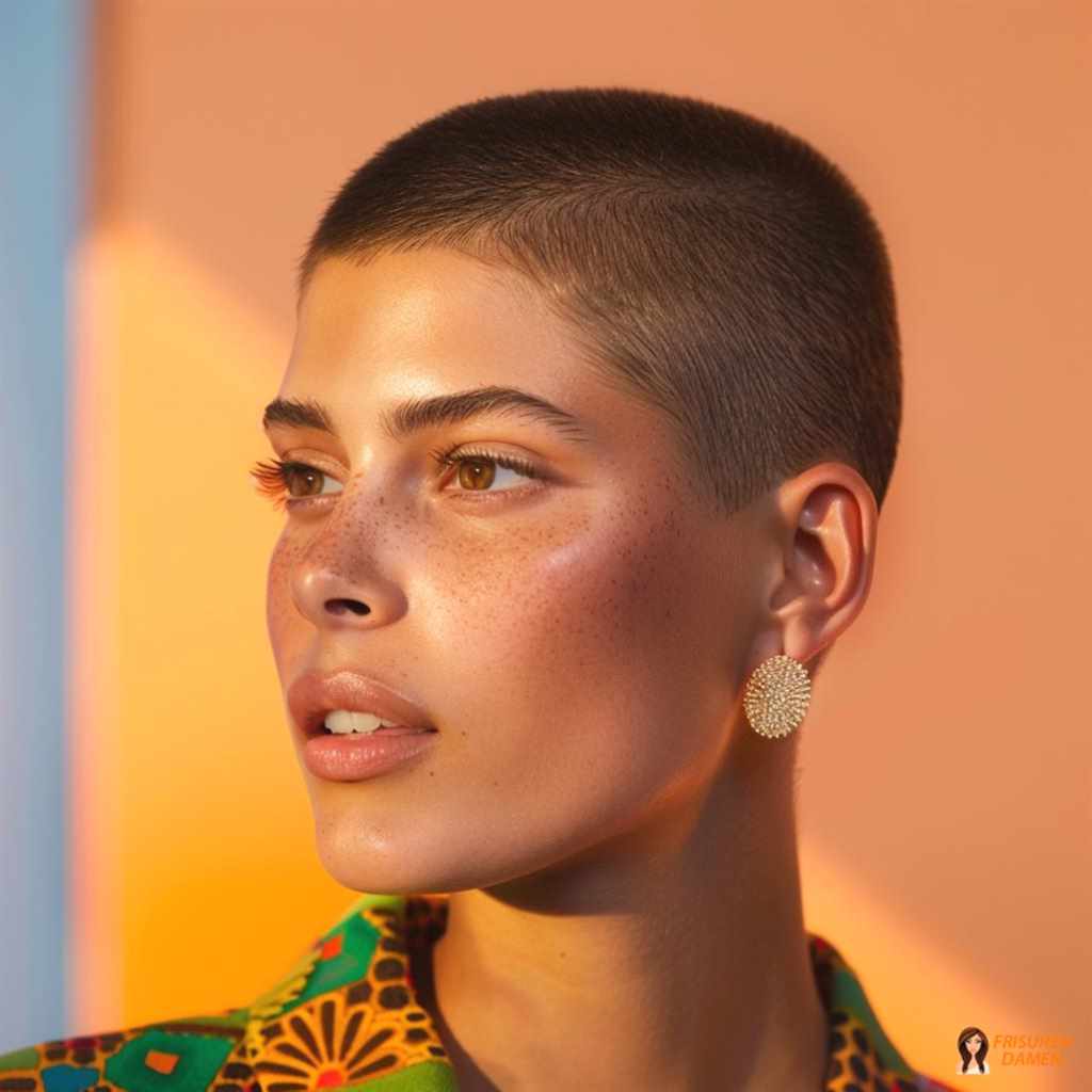 Sommerlicher Buzz Cut mit natürlichem Glow für eine frische, mutige Ausstrahlung