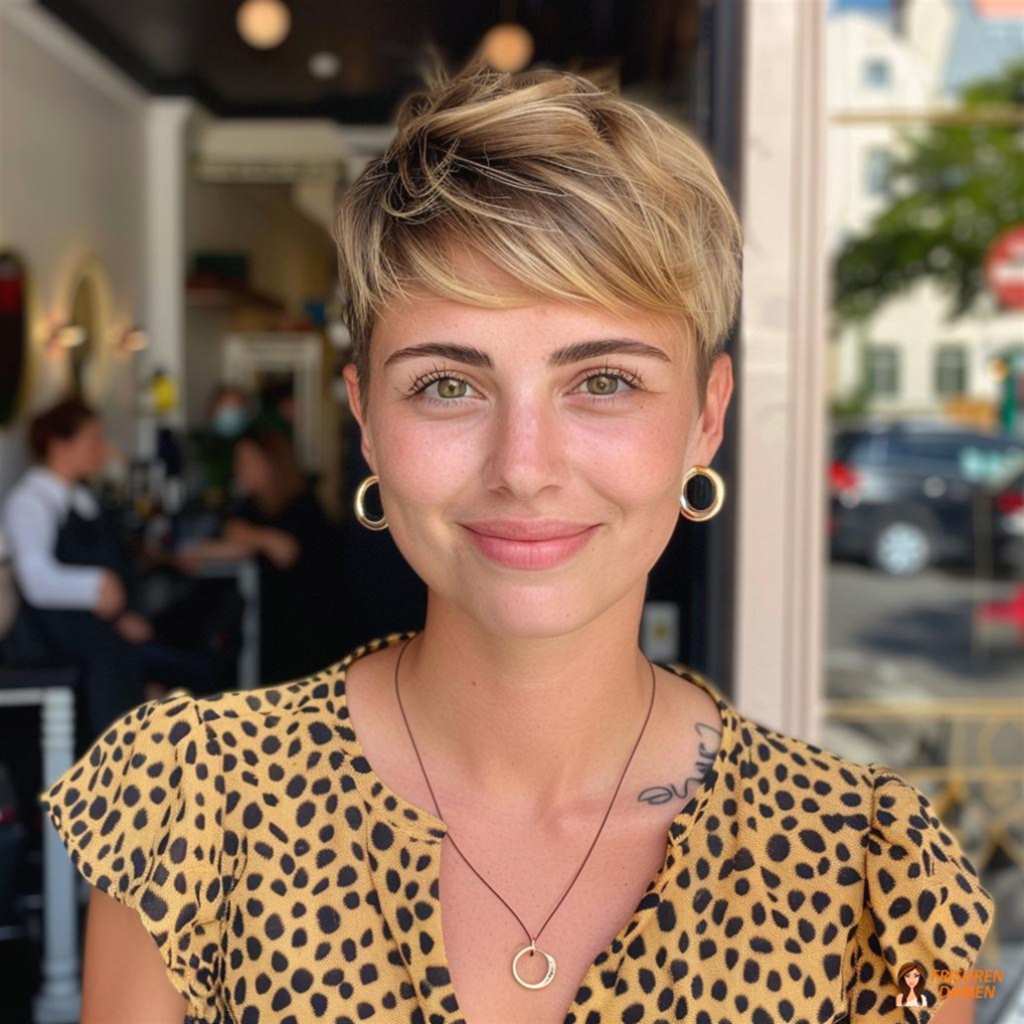 Asymmetrischer Kurzhaarschnitt für Frauen mit klarer Kante, moderner Dynamik und optischem Lifting-Effekt