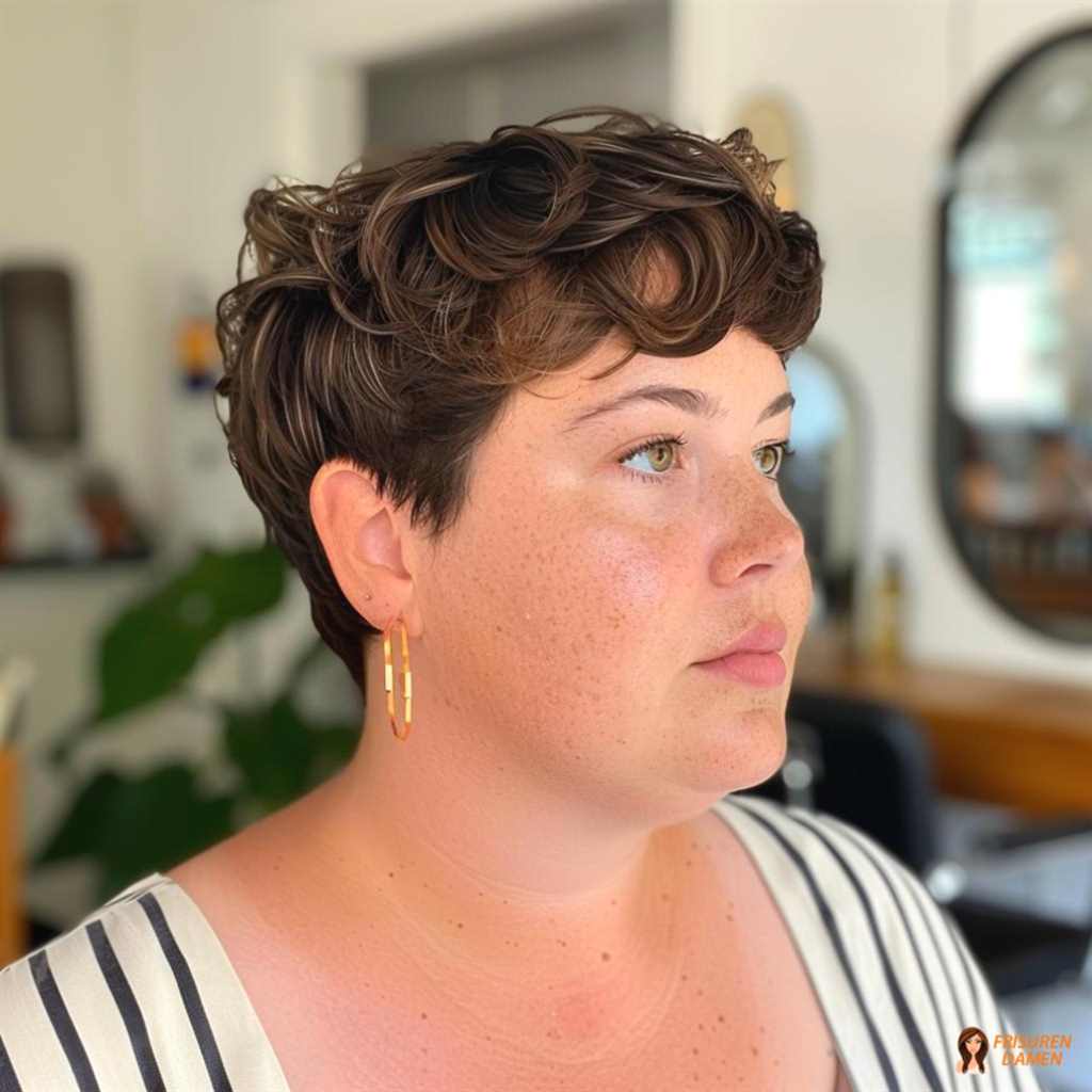 Stilvolles Pixie-Cut für mollige Frauen mit Doppelkinn, elegant und modern