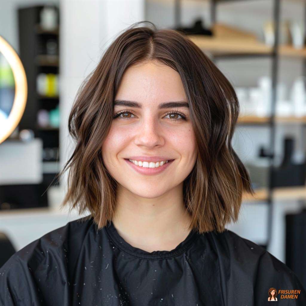 Braune Haarfarbe für Frauen im strukturierten kurzen Bob mit Volumen und modernem Schwung