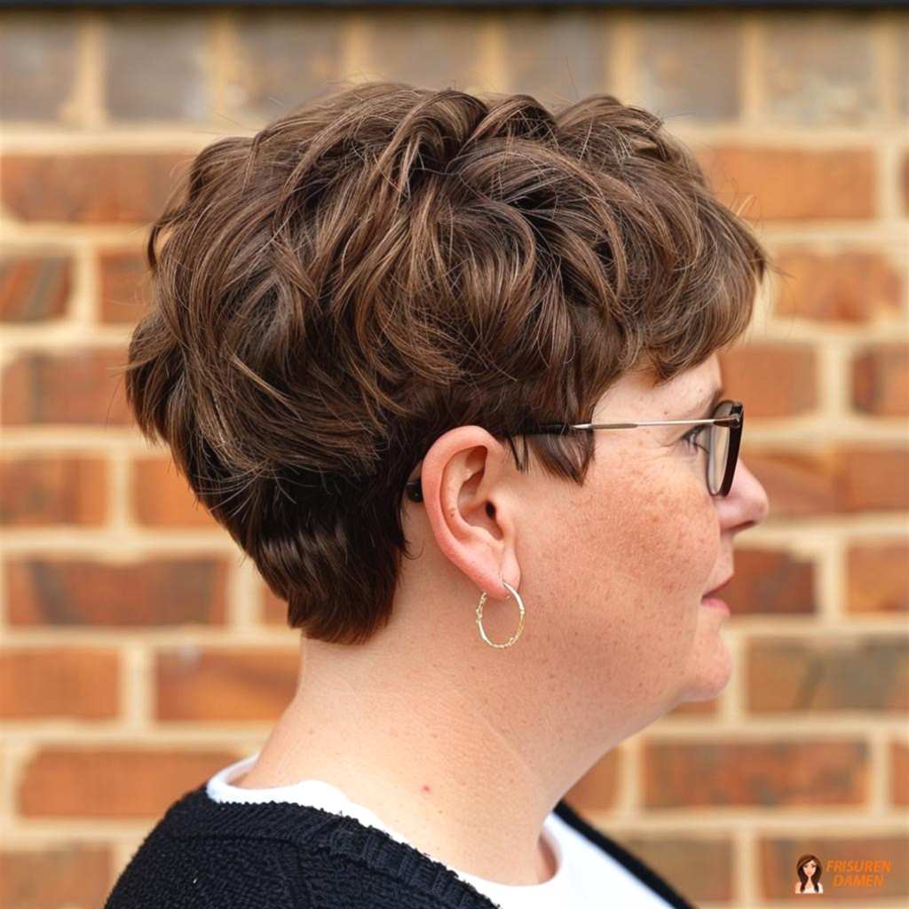 Strukturierter Kurzhaarschnitt für mollige Frauen, der das Gesicht optisch verlängert