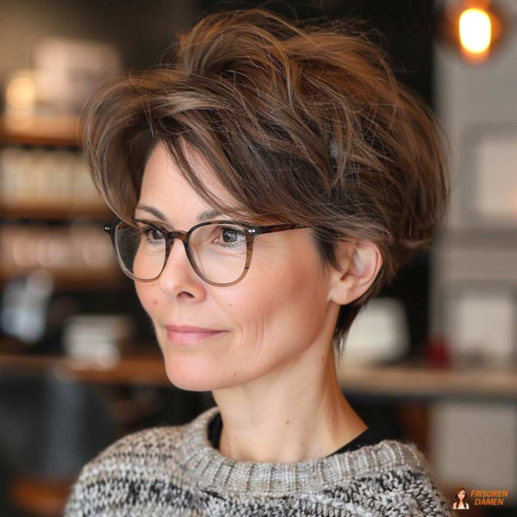 Strukturierter Kurzhaarschnitt ab 60 mit sanften Wellen, der Konturen mildert und einen modernen Glow schafft