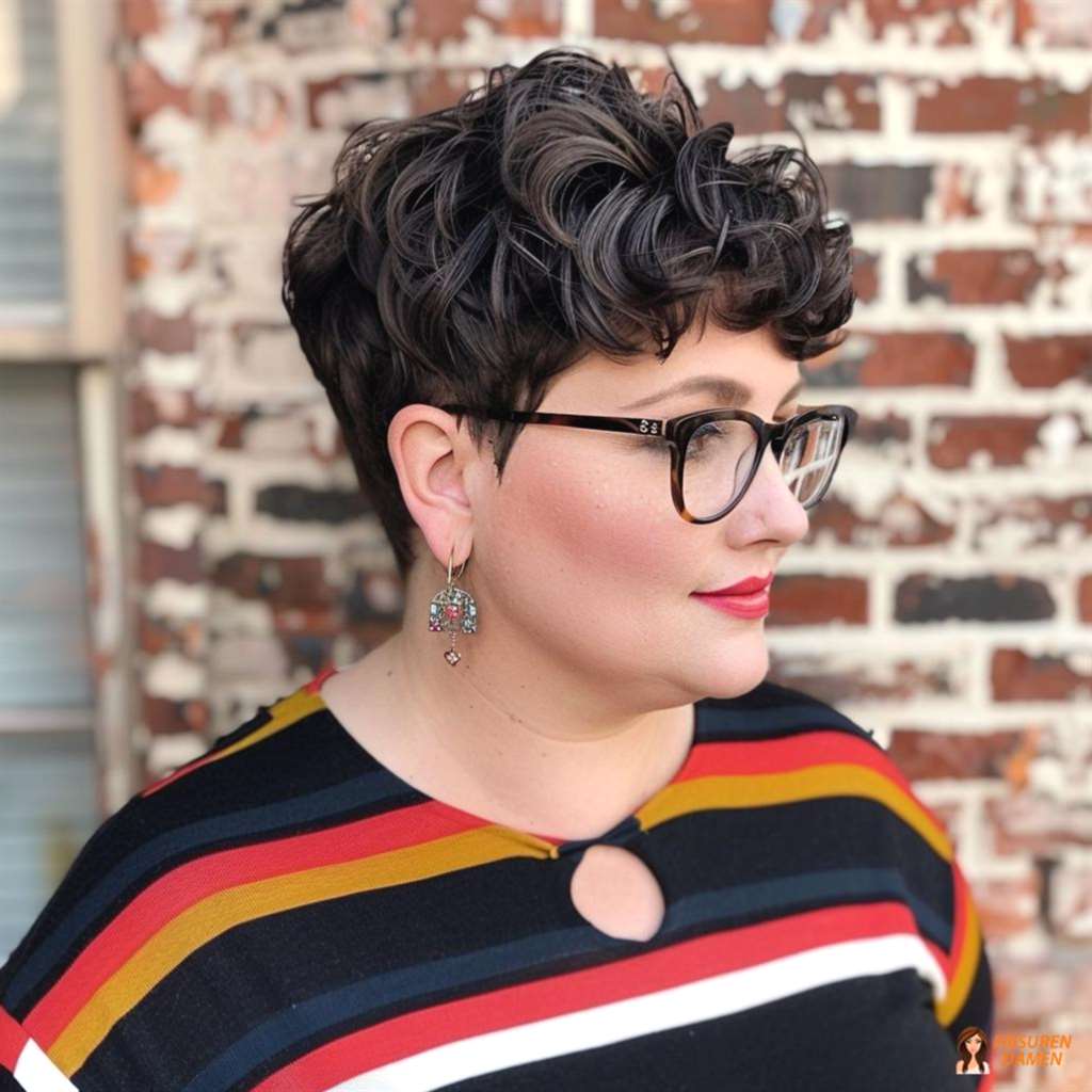 Stylischer Curly Pixie für mollige Frauen, definierte Locken und weiche Kontur
