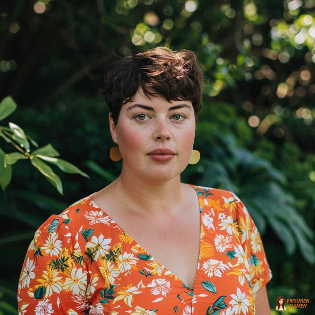 Stylischer Undercut Pixie für mollige Frauen, moderner Look mit weicher Oberseite