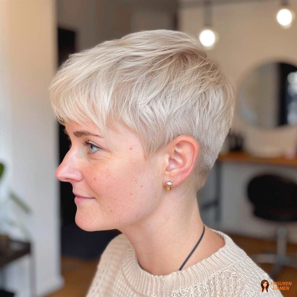 Platinblonder Kurzhaarschnitt für Frauen mit präziser Form, cooler Eleganz und strahlendem Finish