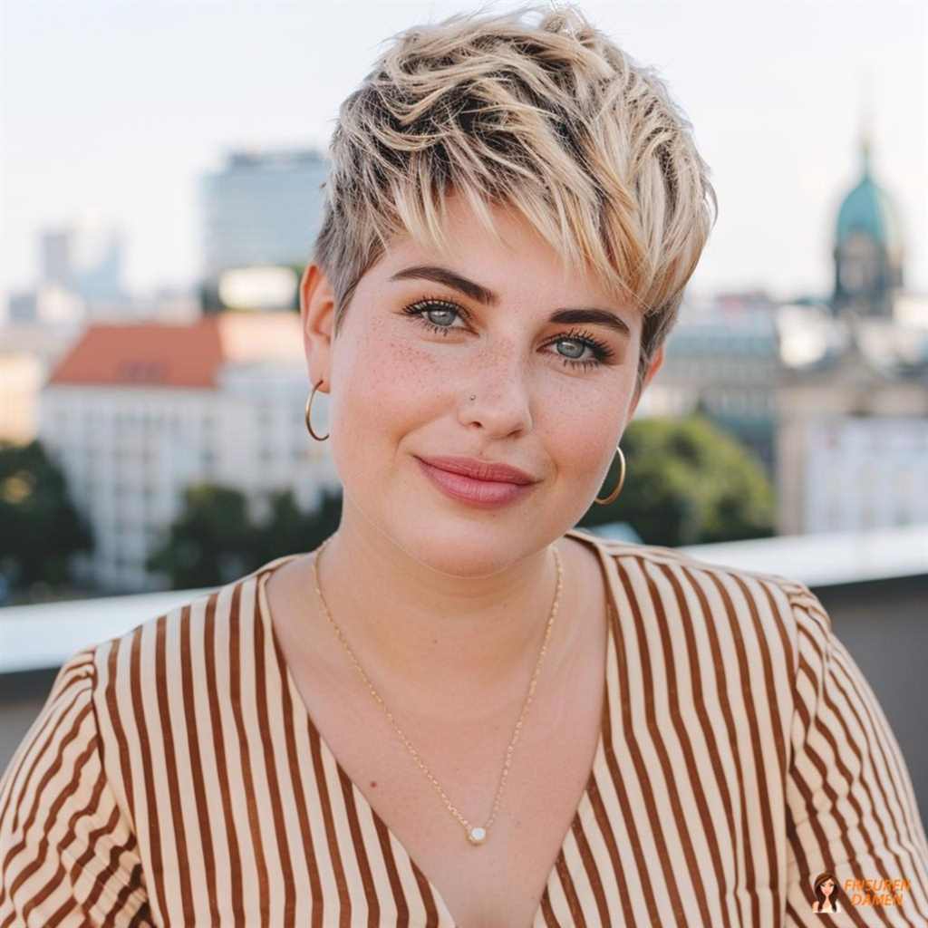 Texturierter Pixie-Schnitt für mollige Frauen, mehr Höhe am Oberkopf und moderne Kontur