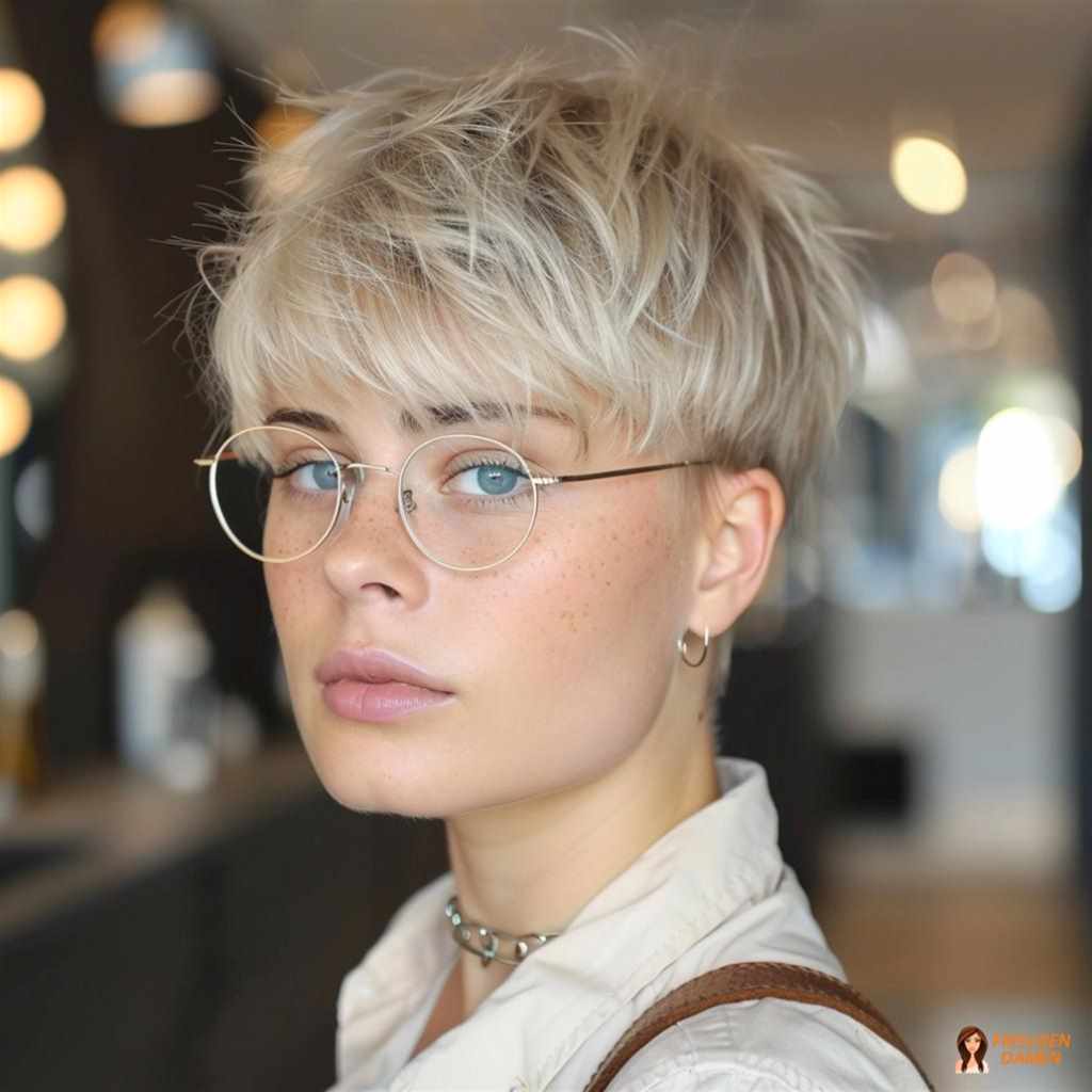 Trendiger Pixie mit Undercut für Frauen ab 60 mit Brille und Statement-Look